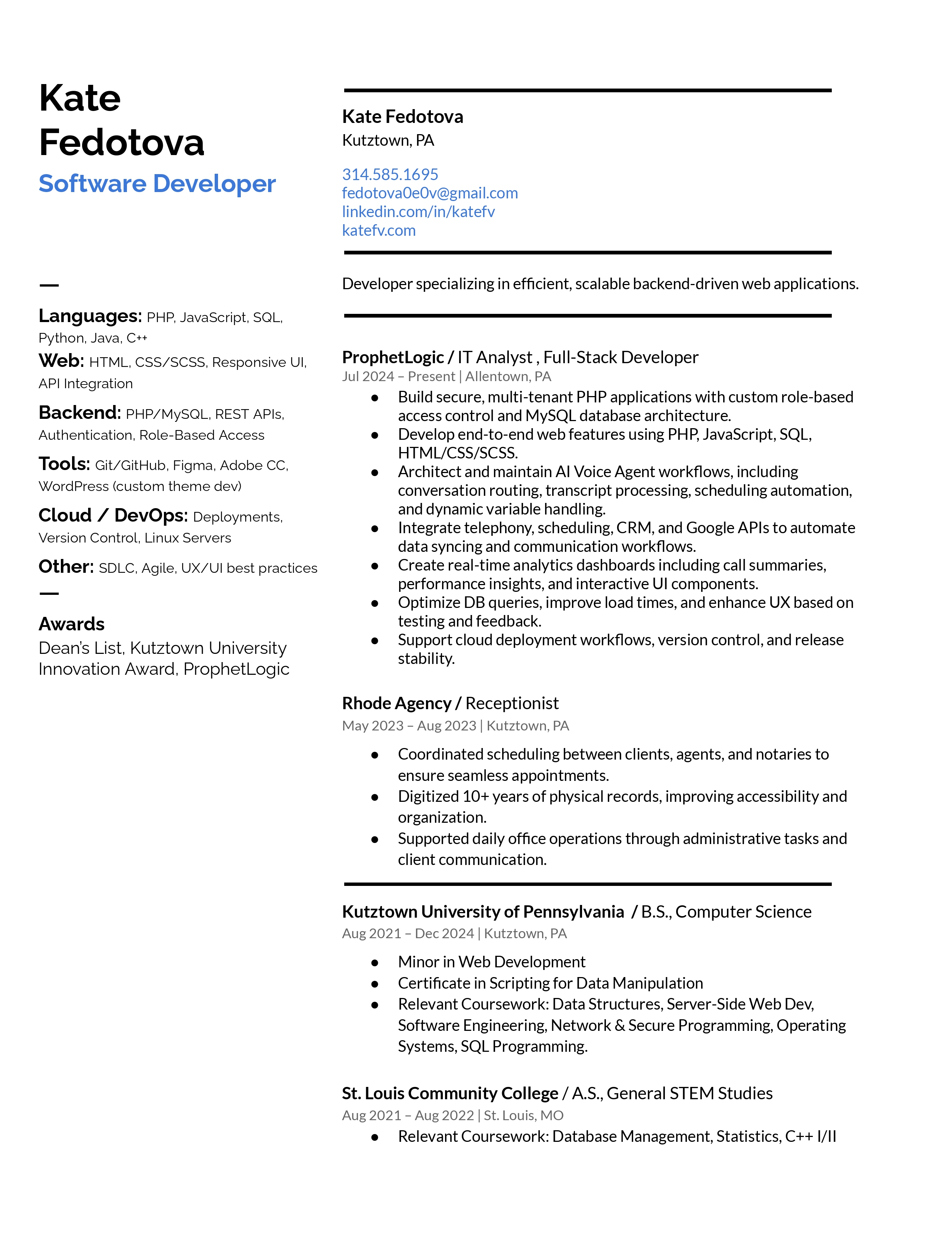 Resume for Kate Fedotova